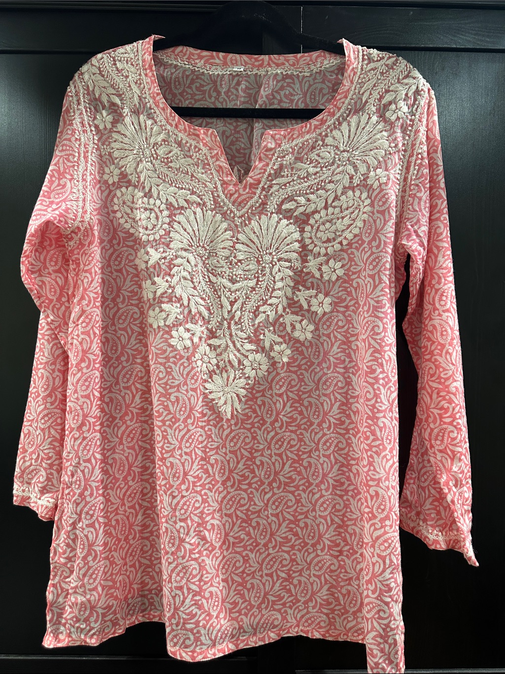 Embroidered Pink V-Neck Tunic Top